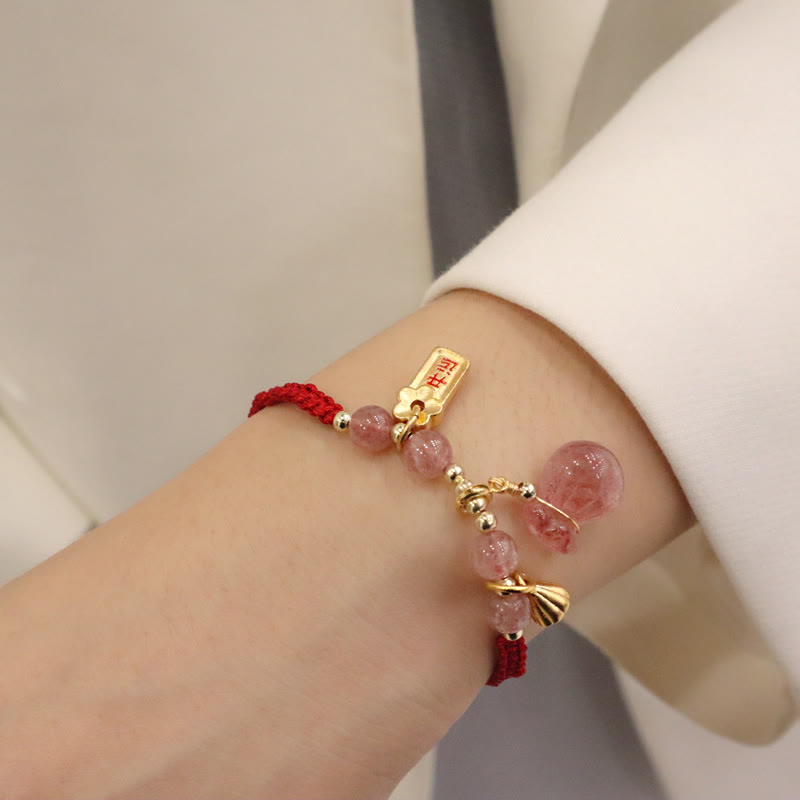 Buddha Stones Natural Strawberry Quartz Money Bag Lotus Healing Charm Red String Braided Bracelet - image 4