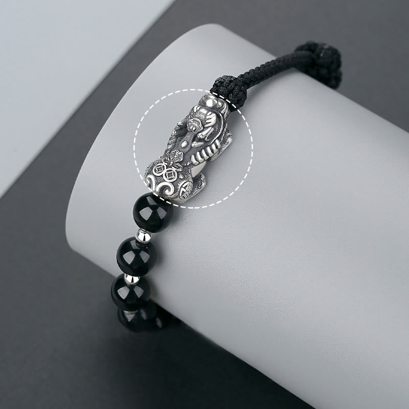 Buddha Stones 999 Sterling Silver FengShui PiXiu Natural Black Obsidian 925 Sterling Silver Bead Strength Bracelet - image 3