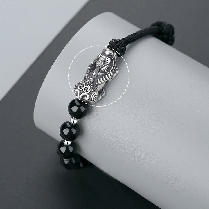 Buddha Stones 999 Sterling Silver FengShui PiXiu Natural Black Obsidian 925 Sterling Silver Bead Strength Bracelet - image 3