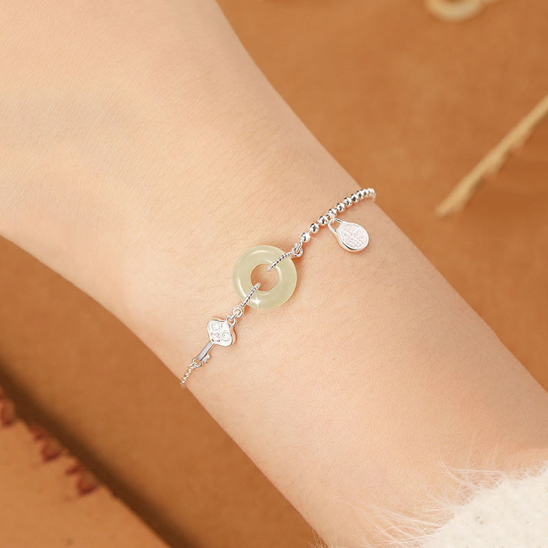 Buddha Stones 925 Sterling Silver Hetian Jade Peace Buckle Fu Character Luck Chain Bracelet - image 5