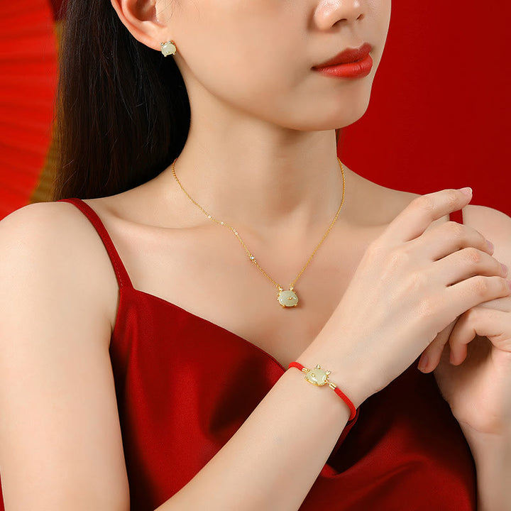 Buddha Stones 925 Sterling Silver Year of the Dragon Natural Hetian Jade Red Agate Cute Dragon Protection Success Bracelet Necklace Pendant Earrings - image 10