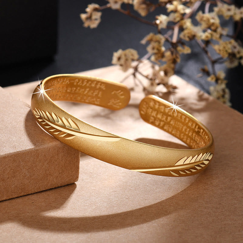 Buddha Stones Feather Heart Sutra Engraved Pattern Wealth Copper Cuff Bracelet Bangle - Gold Feather - image 0