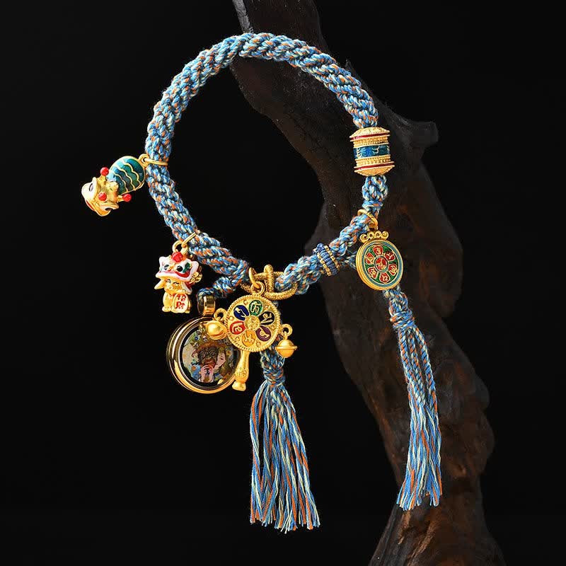 Buddha Stones Tibetan Zakiram Goddess of Wealth Thangka Luck Prayer Wheel Braid String Bracelet - Zakiram Goddess of Wealth Thangka - image 0