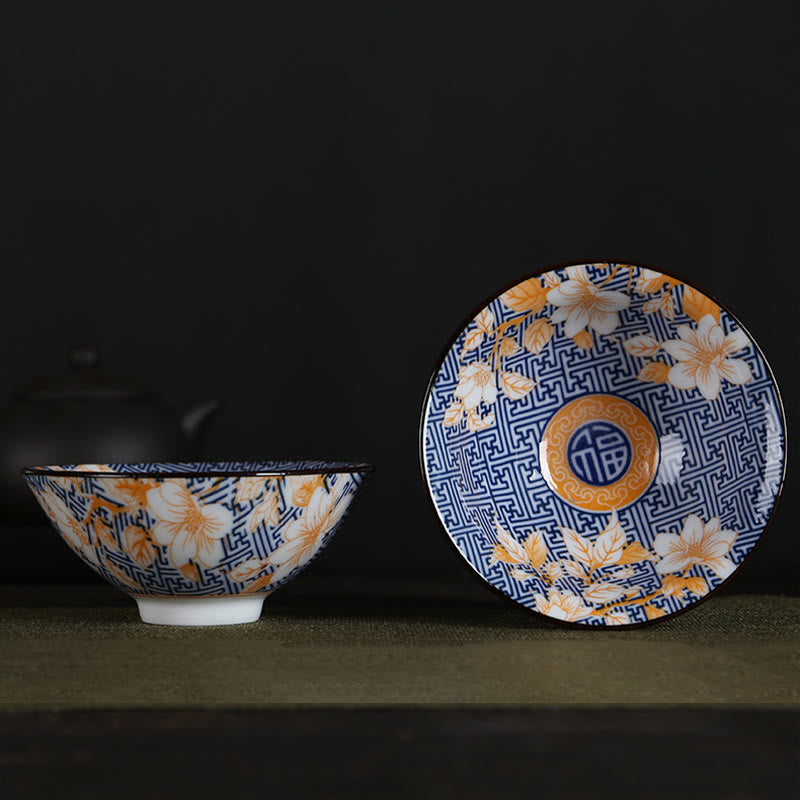 Buddha Stones Flowers Fu Character Mountains Lotus Cherry Blossoms Ceramic Teacup Kung Fu Tea Cup - Orange Flowers Fu Character 8.5cm*4cm*90ml - image 1