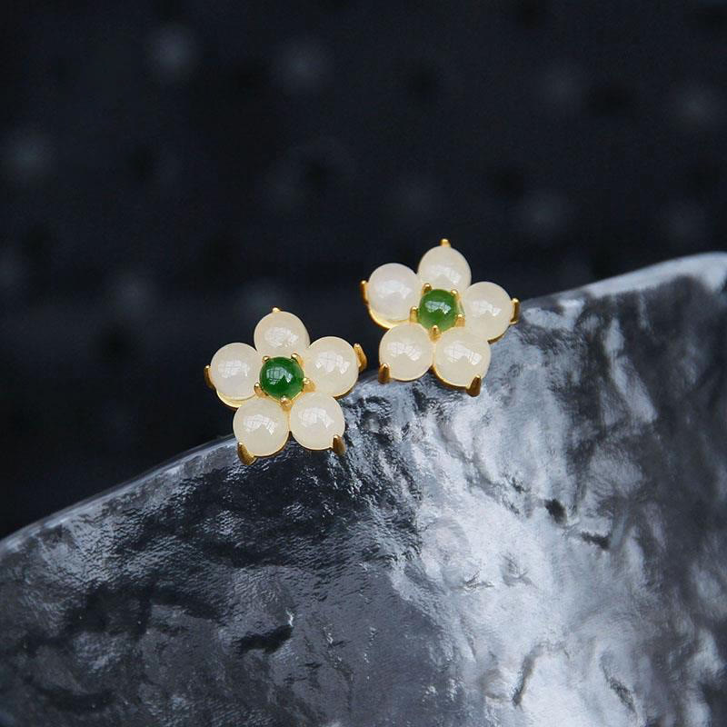 Buddha Stones White Jade Flower Luck Blessing Stud Earrings - image 1