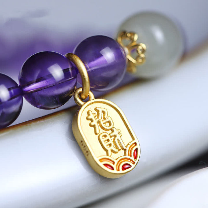 Buddha Stones Natural Amethyst Crystal Hetian Jade Healing Charm Bracelet - image 7