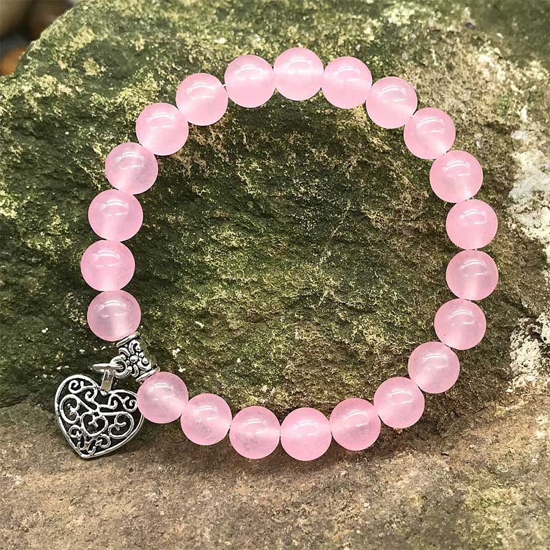 Natural Gemstone Lucky Love Heart  Charm Stretch Bracelet - Pink Crystal - image 3