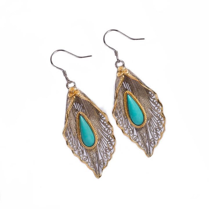 Buddha Stones 925 Sterling Silver Turquoise Bodhi Leaf Pattern Protection Drop Dangle Earrings - image 15