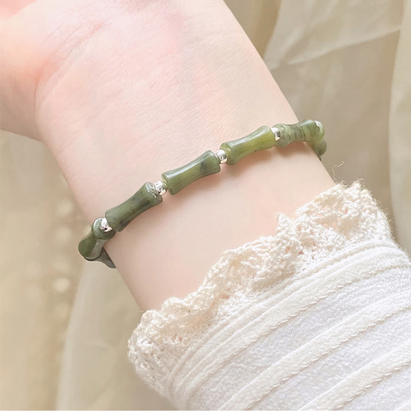 Buddha Stones 925 Sterling Silver Bamboo Jade Lucky Cat Fu Character Luck Abundance Bracelet - image 10