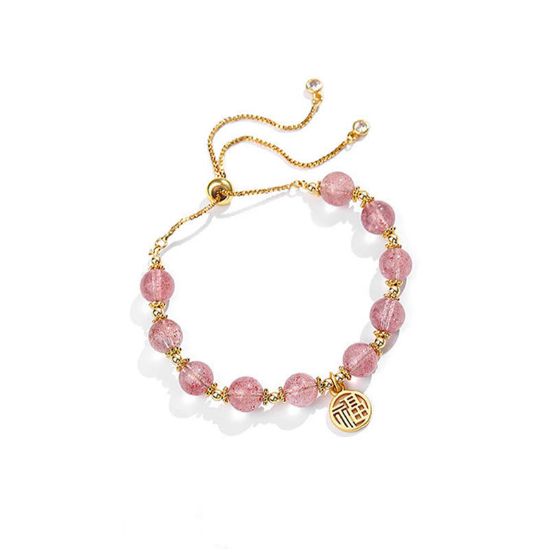 Buddha Stones 14K Gold Plated Natural Strawberry Quartz Fu Character Positive Charm Bracelet - image 2