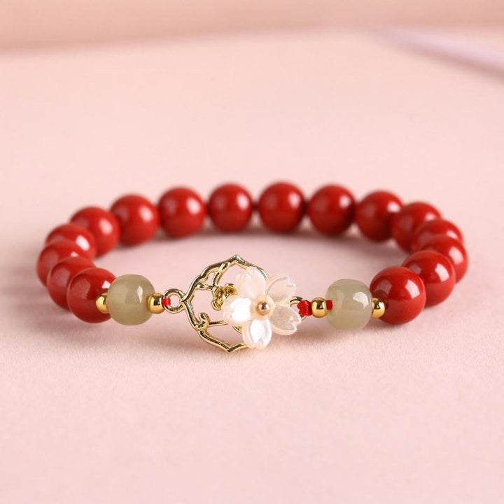 Buddha Stones Natural Cinnabar Jade Beaded Tridacna Stone Flower Blessing Bracelet - Red Cinnabar - 8mm(Wrist Circumference 18cm) - image 11