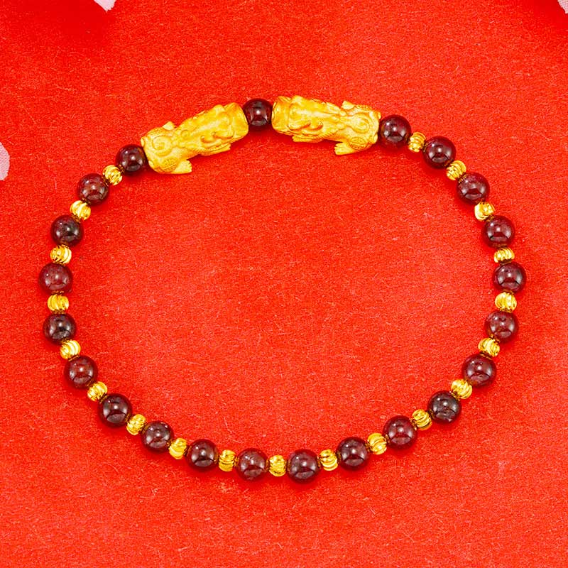 Buddha Stones Electroplating Golden Double Pixiu Wealth Bracelet - image 3