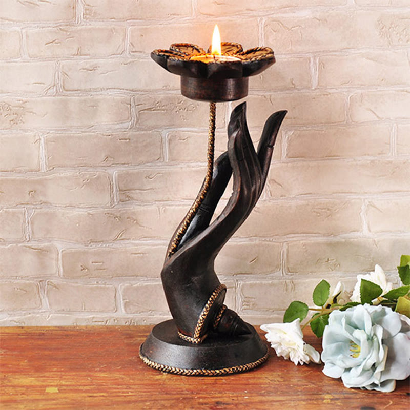 Buddha Stones Hand Pattern Wood Candlestick Home Candle Holder Decoration - image 15