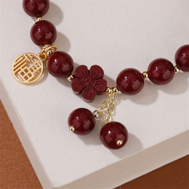 Buddha Stones Cinnabar Fu Character Cherry Blossom Blessing Bracelet - image 4
