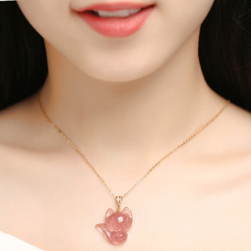 Buddha Stones 14k Gold Plated 925 Sterling Silver Strawberry Quartz Fox Healing Necklace Pendant - image 4