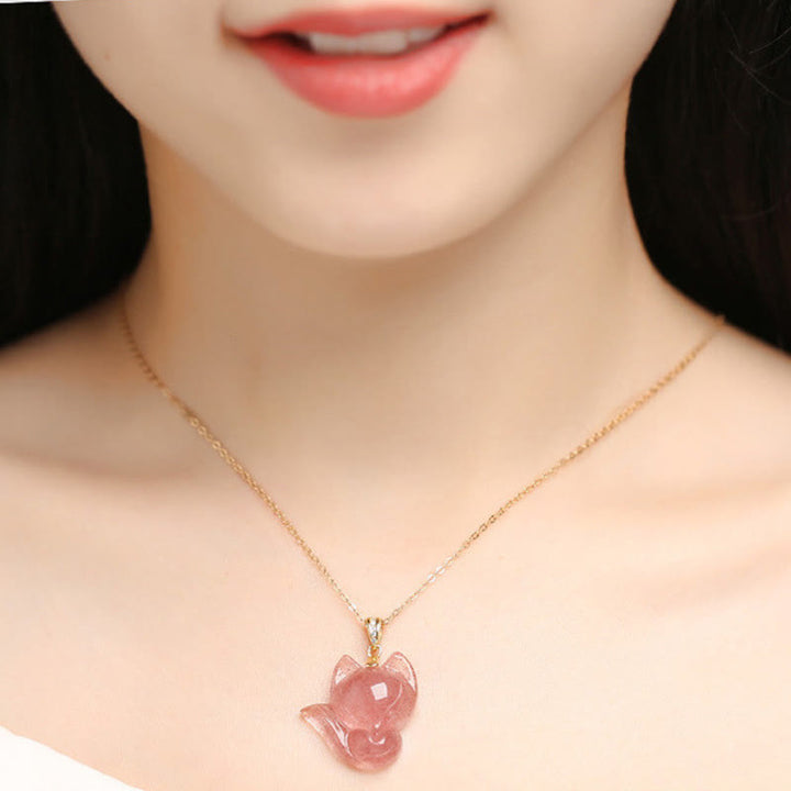 Buddha Stones 14k Gold Plated 925 Sterling Silver Strawberry Quartz Fox Healing Necklace Pendant - image 4