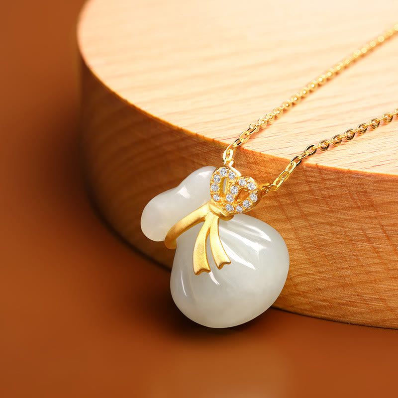 Buddha Stones Natural Hetian White Jade Luck Money Bag Necklace Pendant - image 1