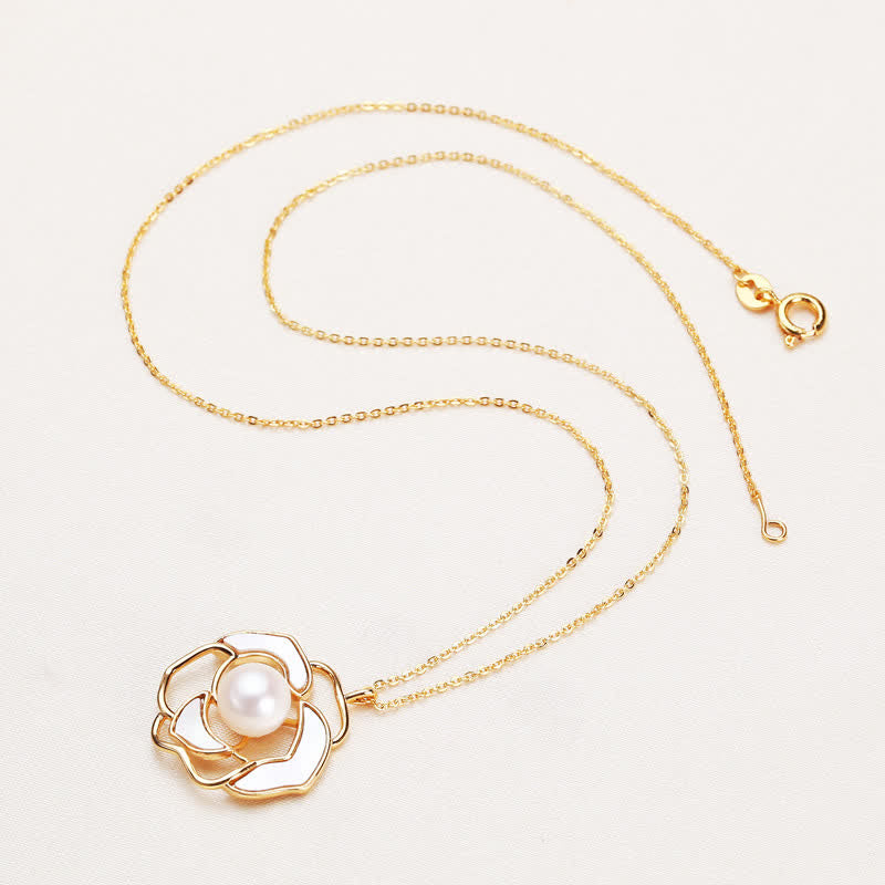 Buddha Stones 925 Sterling Silver Pearl Camellia Pattern Happiness Necklace Pendant Earrings - Necklace - image 2