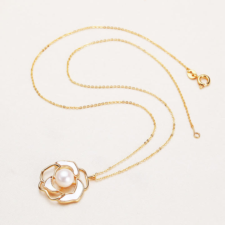 Buddha Stones 925 Sterling Silver Pearl Camellia Pattern Happiness Necklace Pendant Earrings - Necklace - image 2