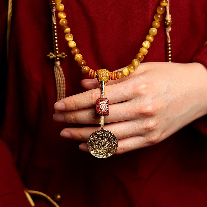 Buddha Stones 108 Mala Beads Natural Tiger Eye Copper Dorje Protection Tassel Bracelet - image 7