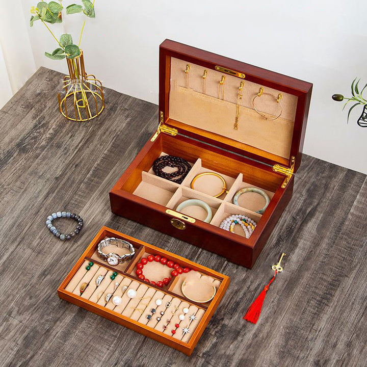Buddha Stones Vintage Wooden Jewelry Box Two-Layer Solid Wood Jewelry Storage Box - Walnut Color-Hook Style 29*19*9cm - image 20