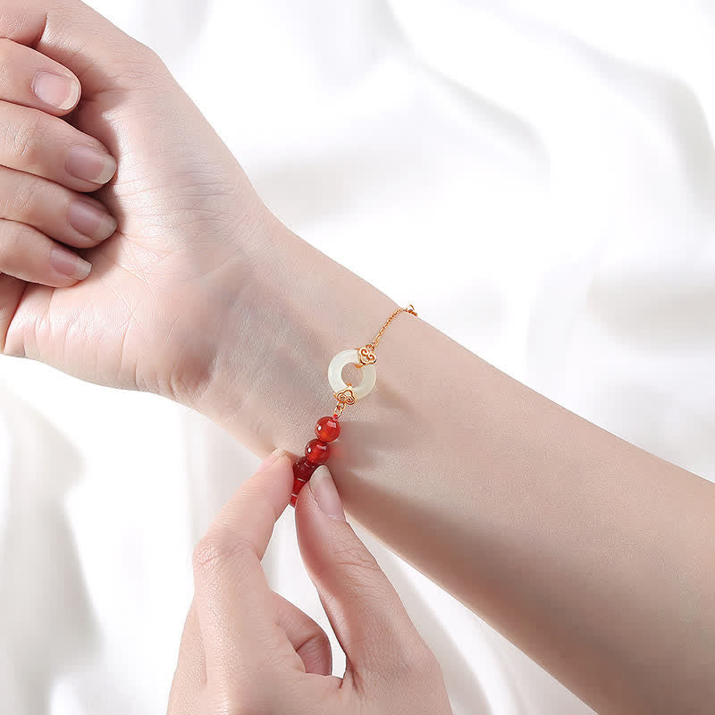 Buddha Stones 925 Sterling Silver Natural Red Agate White Jade Peace Buckle Confidence Bracelet - image 2