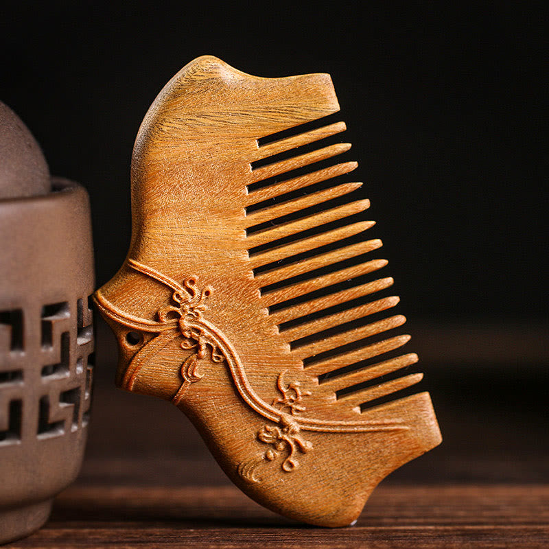 Buddha Stones Green Sandalwood Flower Pattern Engraved Soothing Comb - image 1