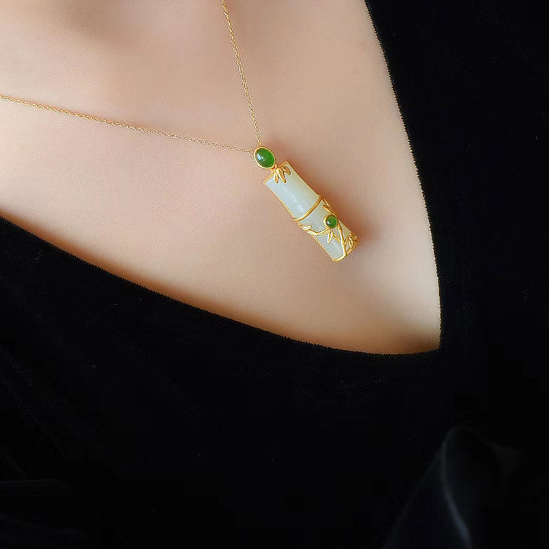Buddha Stones White Jade Cyan Jade Bamboo Protection Necklace Pendant - image 4