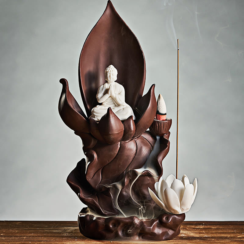 Buddha Stones Lotus Buddha Avalokitesvara Enlightenment Purple Clay Incense Burner Decoration - image 1