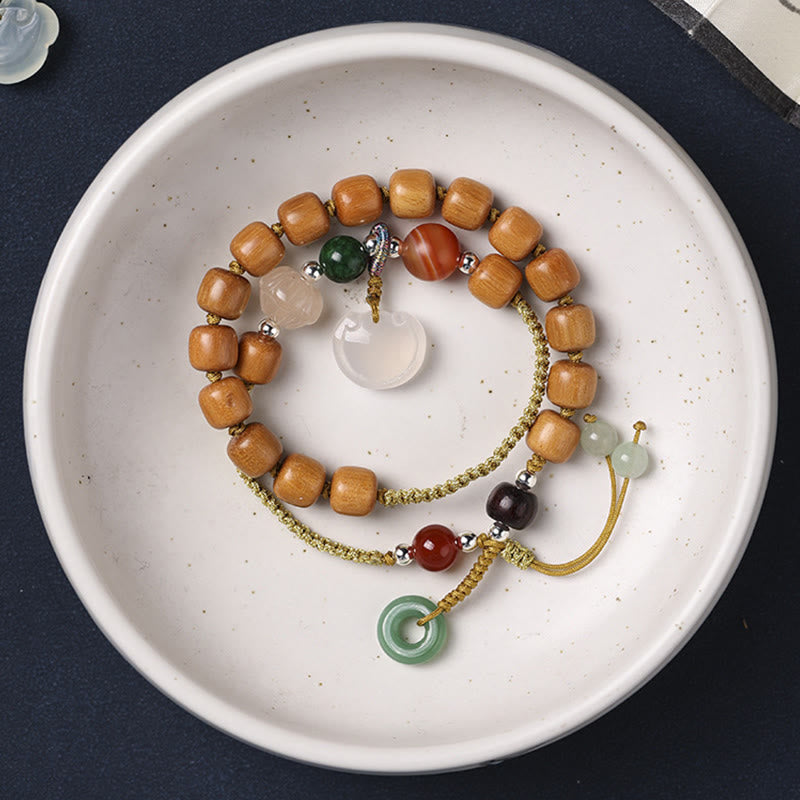 Buddha Stones Green Sandalwood Chalcedony Peace Buckle Charm Soothing Double Wrap Bracelet - image 4