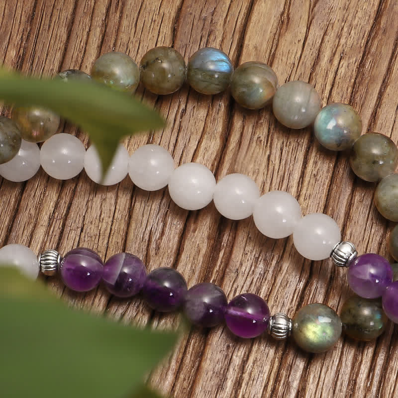 Buddha Stones 108 Mala Beads White Agate Amethyst Black Glitter Stone Protection Bracelet - image 7
