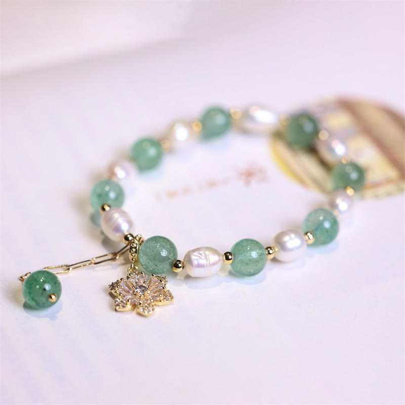Buddha Stones Natural Green Strawberry Quartz Pearl Flower Charm Love Bracelet - image 6