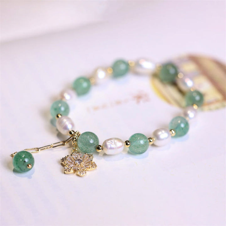 Buddha Stones Natural Green Strawberry Quartz Pearl Flower Charm Love Bracelet - image 6