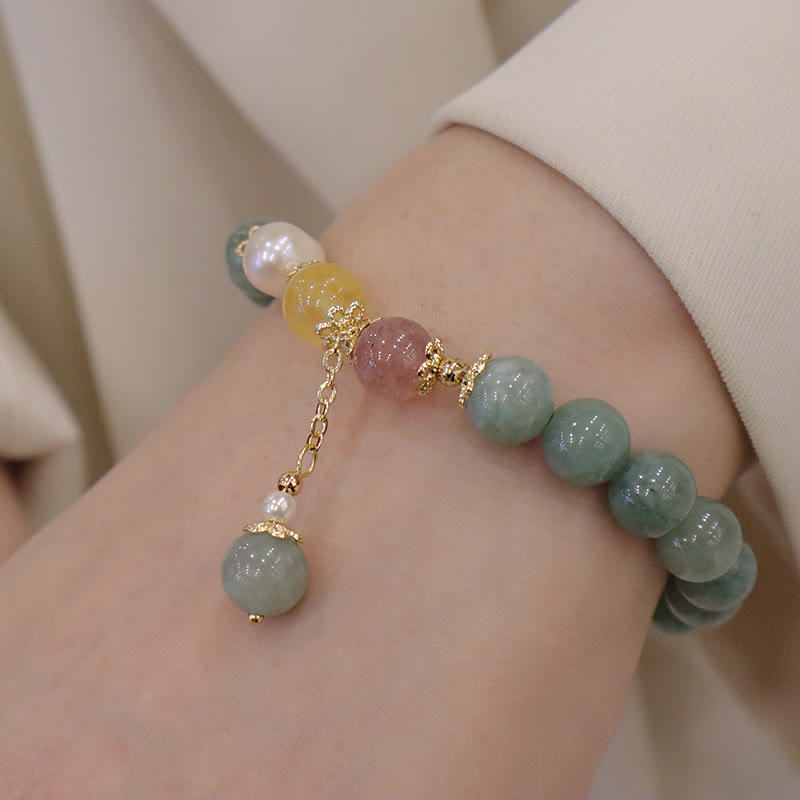 Buddha Stones Jade Pearl Strawberry Quartz Abundance Luck Bead Charm Bracelet - image 5