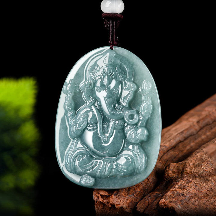 Buddha Stones Natural Jade Ganesh Ganpati Elephant Protection Amulet Necklace Pendant - image 6