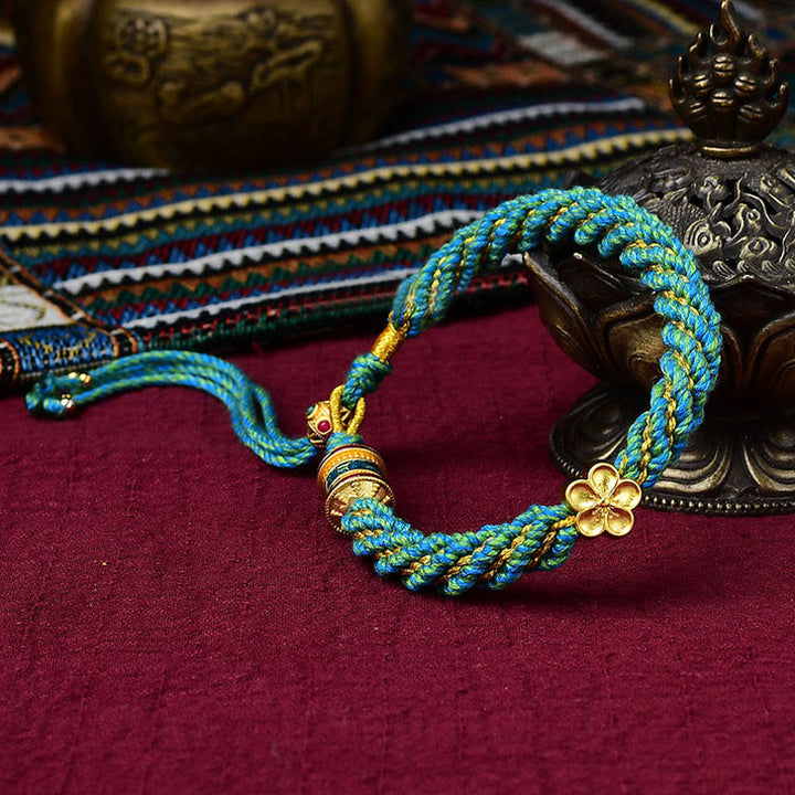 Buddha Stones Tibet Handmade Five God Of Wealth Luck Thangka Amulet Prayer Wheel Flower Charm Weave String Bracelet - image 4