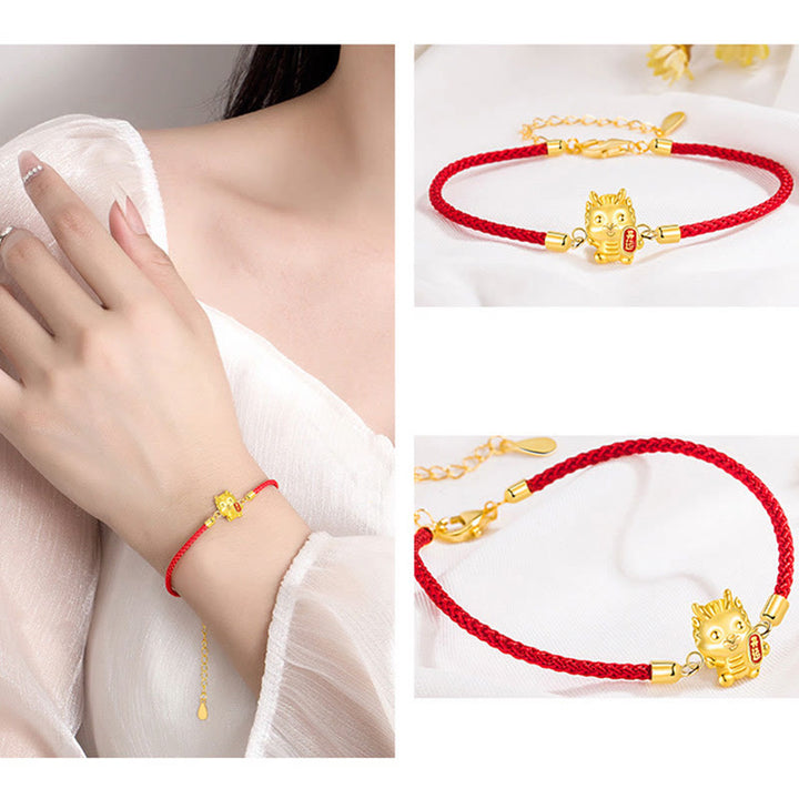 Buddha Stones 925 Sterling Silver Year Of The Dragon Lucky Golden Dragon Strength Red Rope Chain Bracelet - image 5