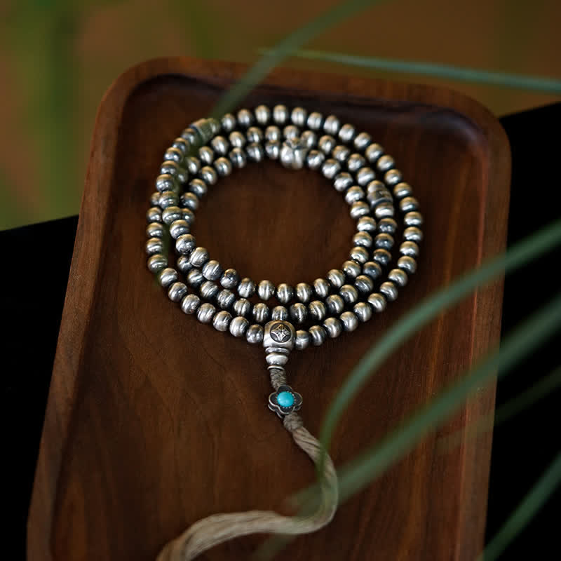 Buddha Stones 108 Mala Beads 925 Sterling Silver Red Agate Turquoise Confidence Charm Bracelet - image 0