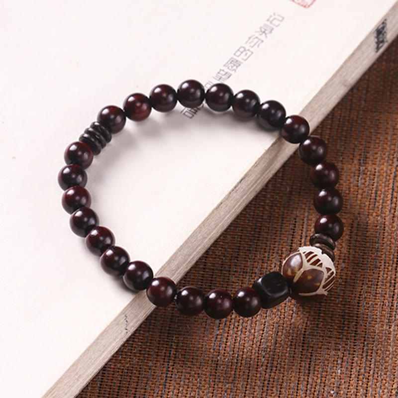 Buddha Stones Small Leaf Red Sandalwood Lotus Bodhi Seed Carved Protection Double Wrap Bracelet - Small Leaf Red Sandalwood Bracelet(Wrist Circumference 14-16cm) - image 5