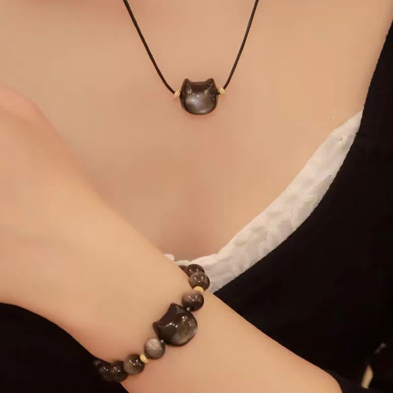 Buddha Stones Gold Sheen Obsidian Silver Sheen Obsidian Lovely Paw Lucky Cat Protection Bracelet - image 39