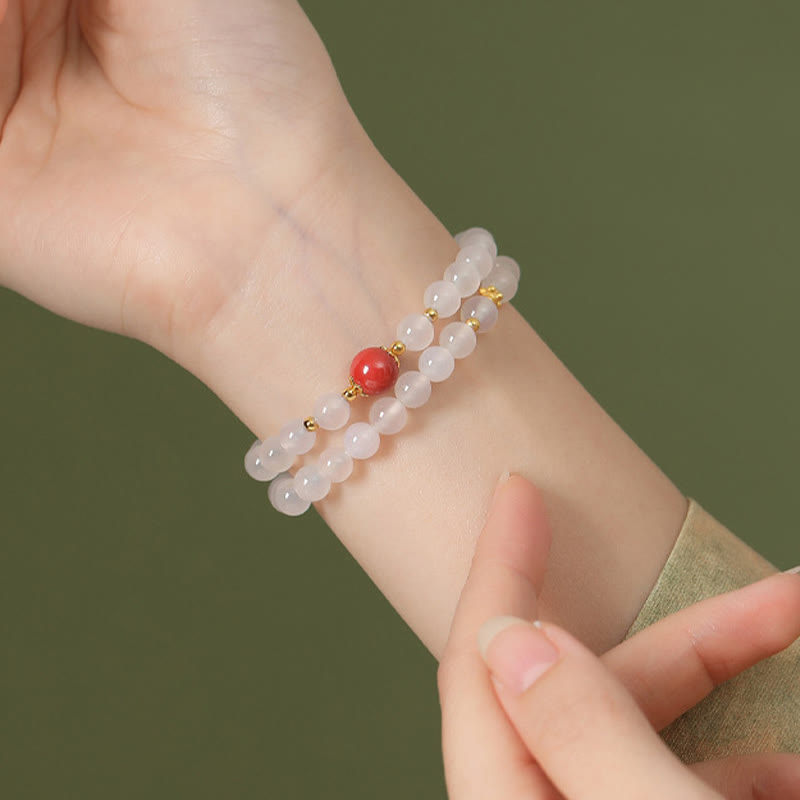 Buddha Stones 925 Sterling Silver Natural White Agate Cinnabar Double Wrap Protection Bracelet - image 5