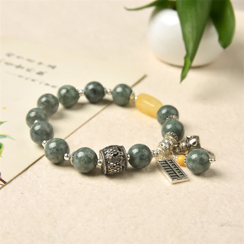 Buddha Stones 925 Sterling Silver Cyan Jade Amber Abacus Lucky Cat Success Bracelet - image 5