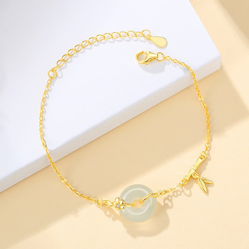 Buddha Stones 925 Sterling Silver Hetian Jade Chalcedony Peace Buckle Bamboo Leaf Prosperity Chain Bracelet - Hetian Jade(Prosperity♥Abundance)(Wrist Circumference 14-16cm) - image 0