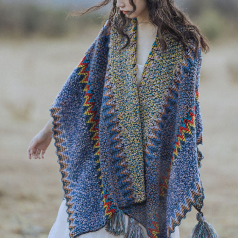 Buddha Stones Tibetan Shawl Soft Warm Knitting Cloak Winter Tibetan Tassel Scarf - image 6