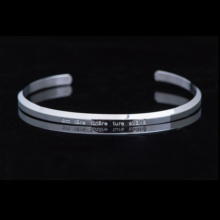 Buddha Stones Six True Words Engraving Titanium Steel Blessing Protection Bracelet - Green Tara - Silver - Large - image 12