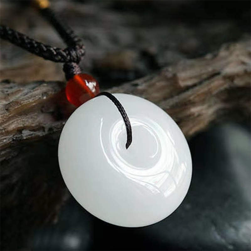 Buddha Stones Round Hetian White Jade Peace Buckle Blessing Necklace Pendant - image 1