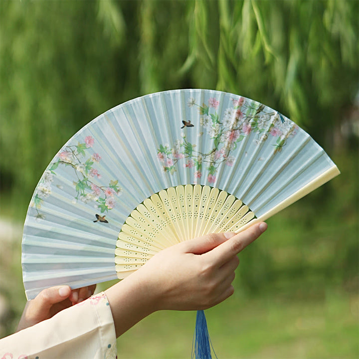 Buddha Stones Classic Birds Singing Flowers Handheld Bamboo Folding Fan - image 4