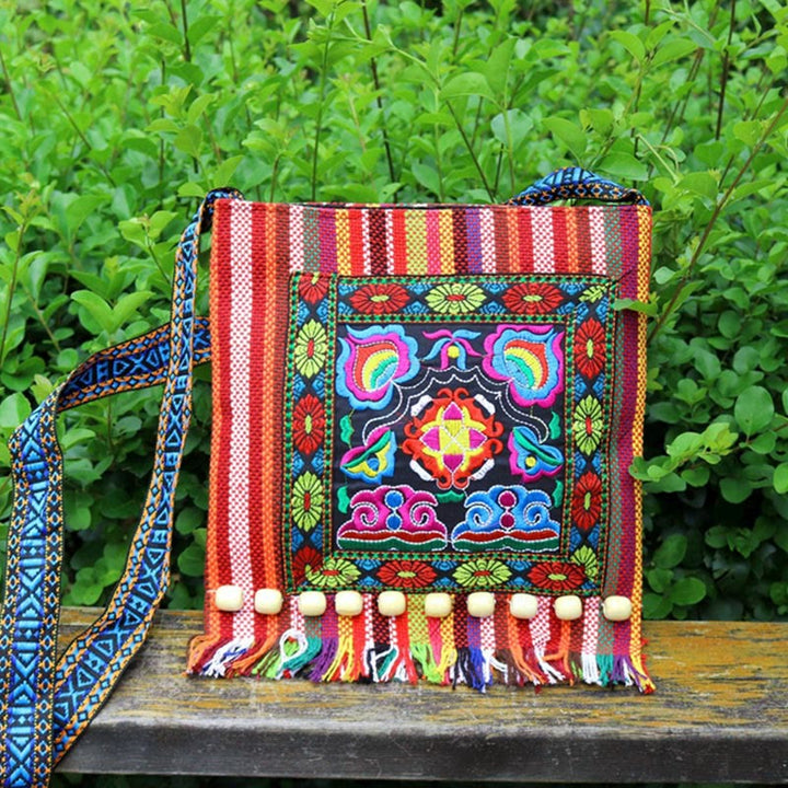 Buddha Stones Tibetan Handmade Embroidered Camellia Canvas Shoulder Bag Crossbody Bag - image 14