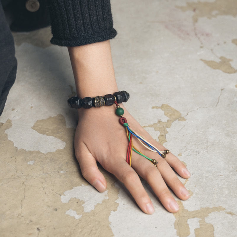 Buddha Stones Tibet Ebony Wood Copper Peace Tassel Wrist Mala Bracelet - image 10
