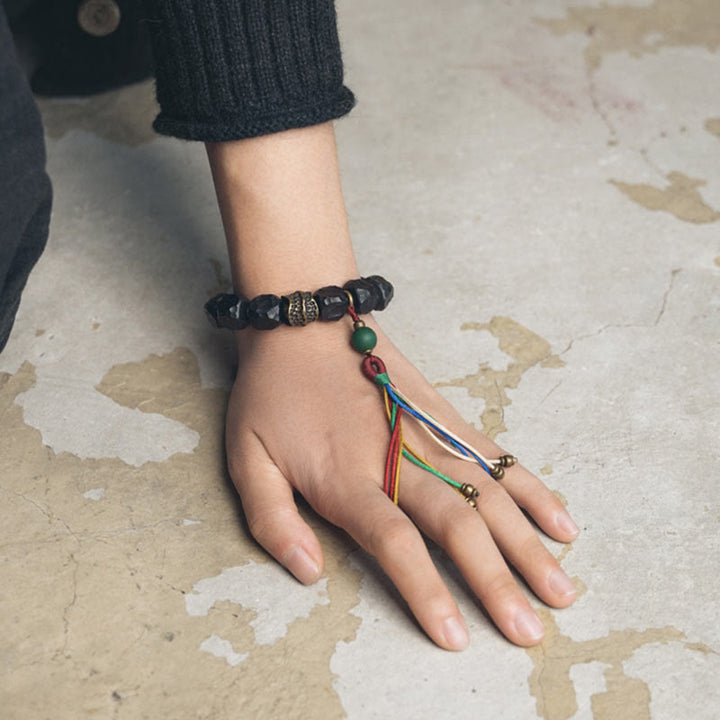 Buddha Stones Tibet Ebony Wood Copper Peace Tassel Wrist Mala Bracelet - image 10